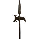 A SCARCE MID 18TH CENTURY BRITISH SERGEANT'S HALBERD, 26cm flattened diamond section spear top,