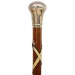 FIVE VARIOUS WALKING STICKS, comprising a malacca and white leather strapped cane, the silver pommel