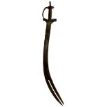 A 19TH CENTURY INDIAN FIRANGI HILTED TULWAR, 69.5cm multi-fullered curved blade with serrated edge