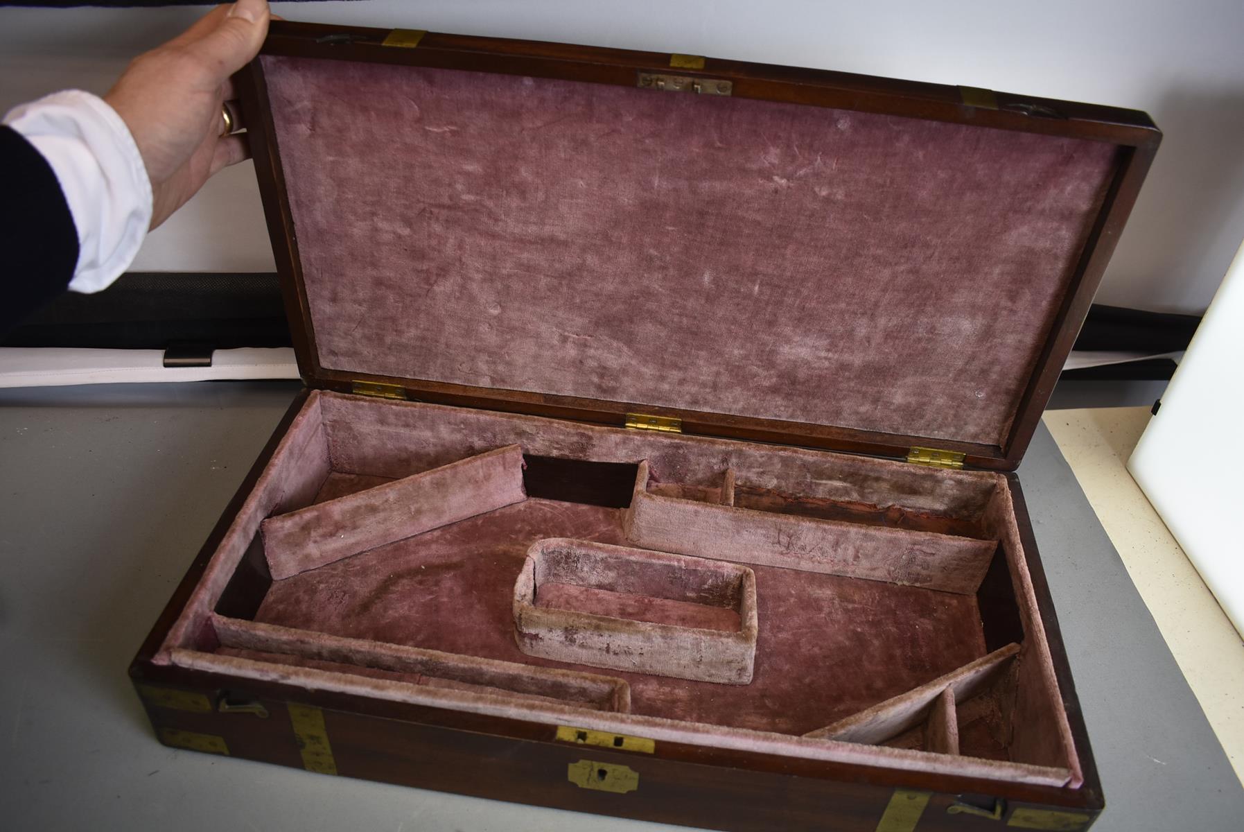 A CAMPAIGN BOX FITTED FOR A PAIR OF PISTOLS, the brass bound mahogany case with later pink velvet - Image 7 of 7
