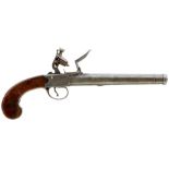 AN 18TH CENTURY 22-BORE FLINTLOCK BOXLOCK CANNON BARRELLED TRAVELLING PISTOL BY THOMAS, 5.5inch