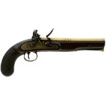 A .650 CALIBRE CARBINE BORE FLINTLOCK BRASS BARRELLED COACHING OR OFFICER'S PISTOL, 8inch two-