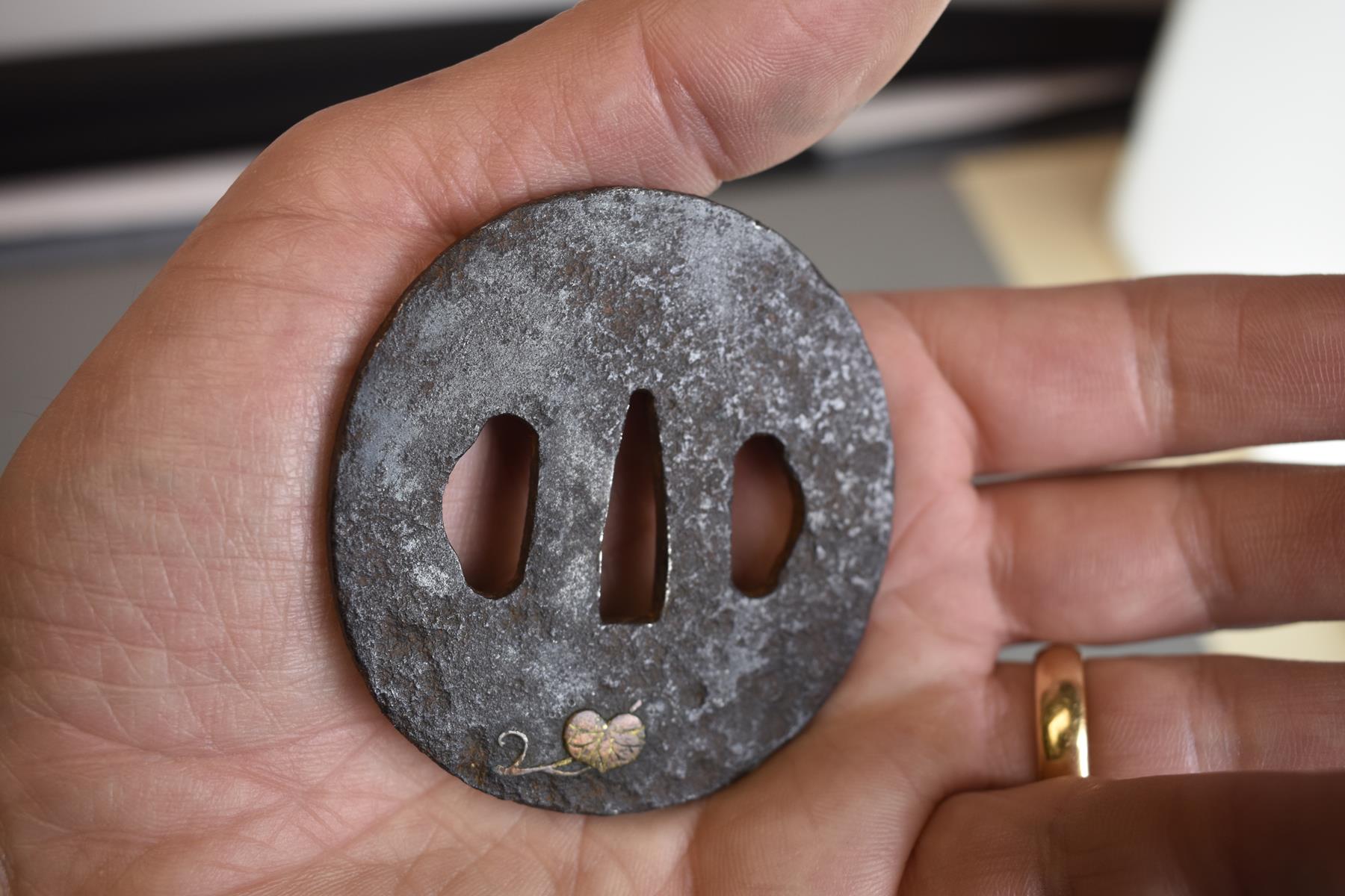 THREE CIRCULAR IRON TSUBA, the first chiselled with a landscape, soft metal details, the second with - Bild 8 aus 8