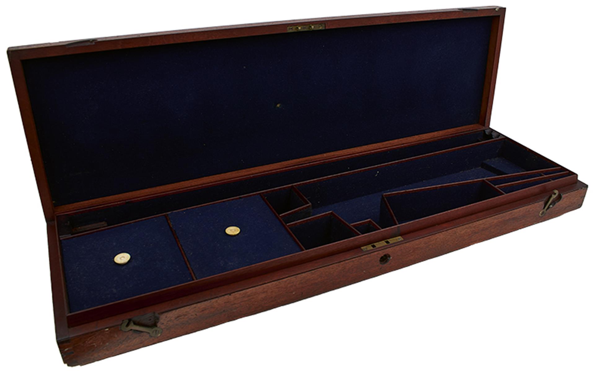 A MAHOGANY GUN CASE, the blue baize lined interior for a gun with 29.75inch barrels, probably