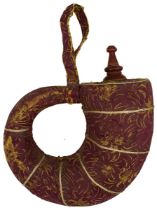 A FINE LATE 18TH CENTURY INDIAN BARUDAN POWDER FLASK, of characteristic curling and tapering form,