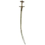 A LATE 18TH CENTURY INDIAN SILVER HILTED TULWAR SWORD, 62.5cm curved clipped back blade,