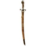 A GEORGIAN SILVER MOUNTED HUNTING HANGER, 49.5cm double fullered blade, the hilt with recurved