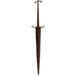 A MEDIEVAL DAGGER, 23.5cm diamond section blade, slightly upturned boat-shaped iron crossguard and