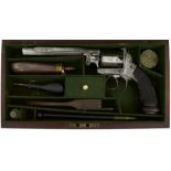 A CASED 54-BORE FIVE-SHOT PERCUSSION HINGED WEDGE FRAMED REVOLVER, 6inch sighted octagonal barrel