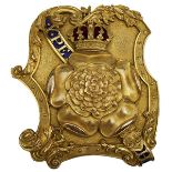 A 7TH (ROYAL FUSILIERS) OFFICER'S SHOULDER BELT PLATE, the two-piece rococo plate decorated with