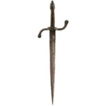 A 17TH CENTURY LEFT HAND DAGGER, 30cm diamond section blade with rectangular ricasso, iron mounted