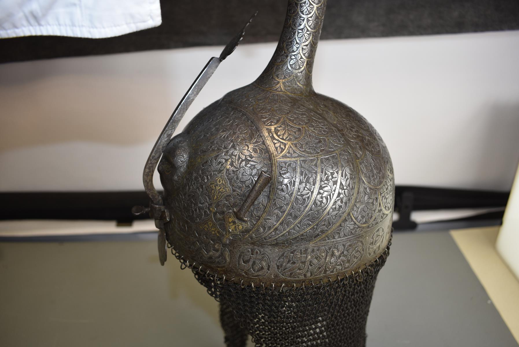 A FINE 19TH CENTURY PERSIAN KULAH KHUD OR HELMET, the single piece skull with bold peacock's head - Image 9 of 18