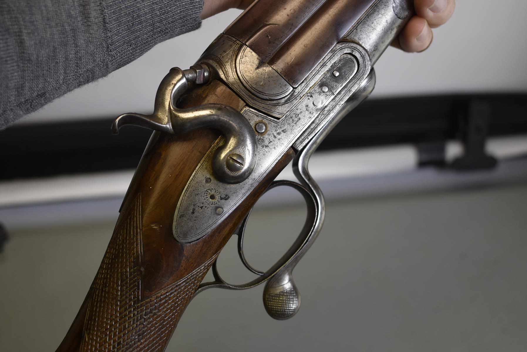 A 7-BORE OBSOLETE CALIBRE FOWLING PIECE OR HAMMER GUN, 30inch sighted damascus barrel stamped with - Image 2 of 10