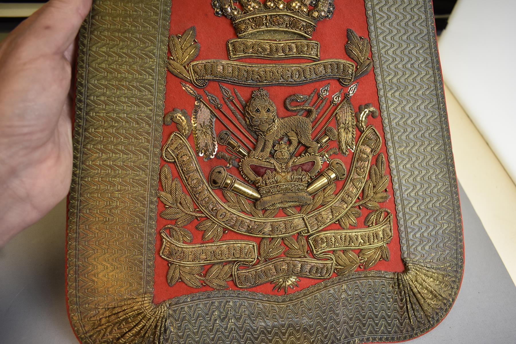 A FINE LARGE SIZE WILLIAM IV 15TH KING'S HUSSARS OFFICER'S SABRETACHE, the red felt flap with - Image 4 of 10