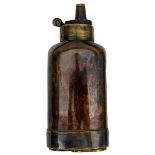 A PERCUSSION THREE-WAY POWDER FLASK, the shoulder copper body with brass top with sprung tapering