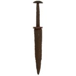 A RARE MEDIEVAL DAGGER, 26cm double edged blade, the copper mounted hilt with rectangular