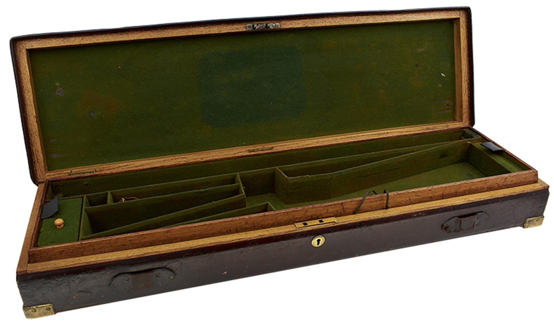 A LEATHER COVERED OAK GUN CASE, the green baize lined interior for a gun with 30inch barrels,