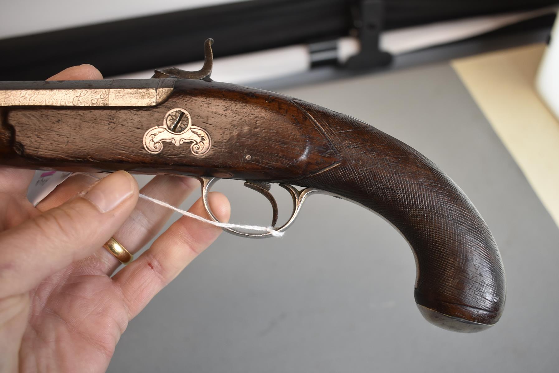 AN UNUSUAL MID-19TH CENTURY 40-BORE INDIAN SILVER MOUNTED PERCUSSION HOLSTER PISTOL, 8inch swamped - Image 6 of 8