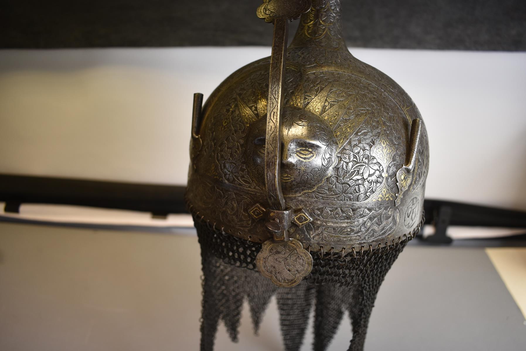 A FINE 19TH CENTURY PERSIAN KULAH KHUD OR HELMET, the single piece skull with bold peacock's head - Image 10 of 18