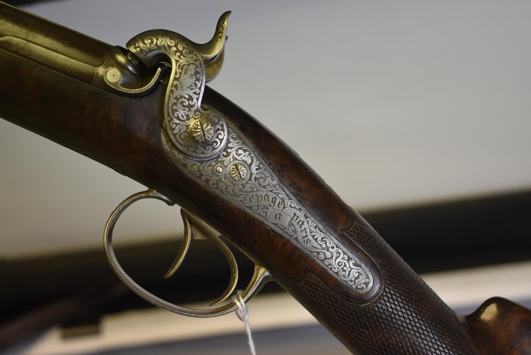 AN 18-BORE FRENCH PERCUSSION SPORTING GUN BY LEPAGE, 31.25inch sighted damascus barrels etched - Image 7 of 11