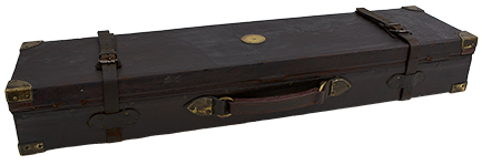 A LEATHER COVERED OAK GUN CASE, for a gun with 30.5inch barrels, the purple velvet lined interior