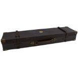 A LEATHER COVERED OAK GUN CASE, for a gun with 30.5inch barrels, the purple velvet lined interior