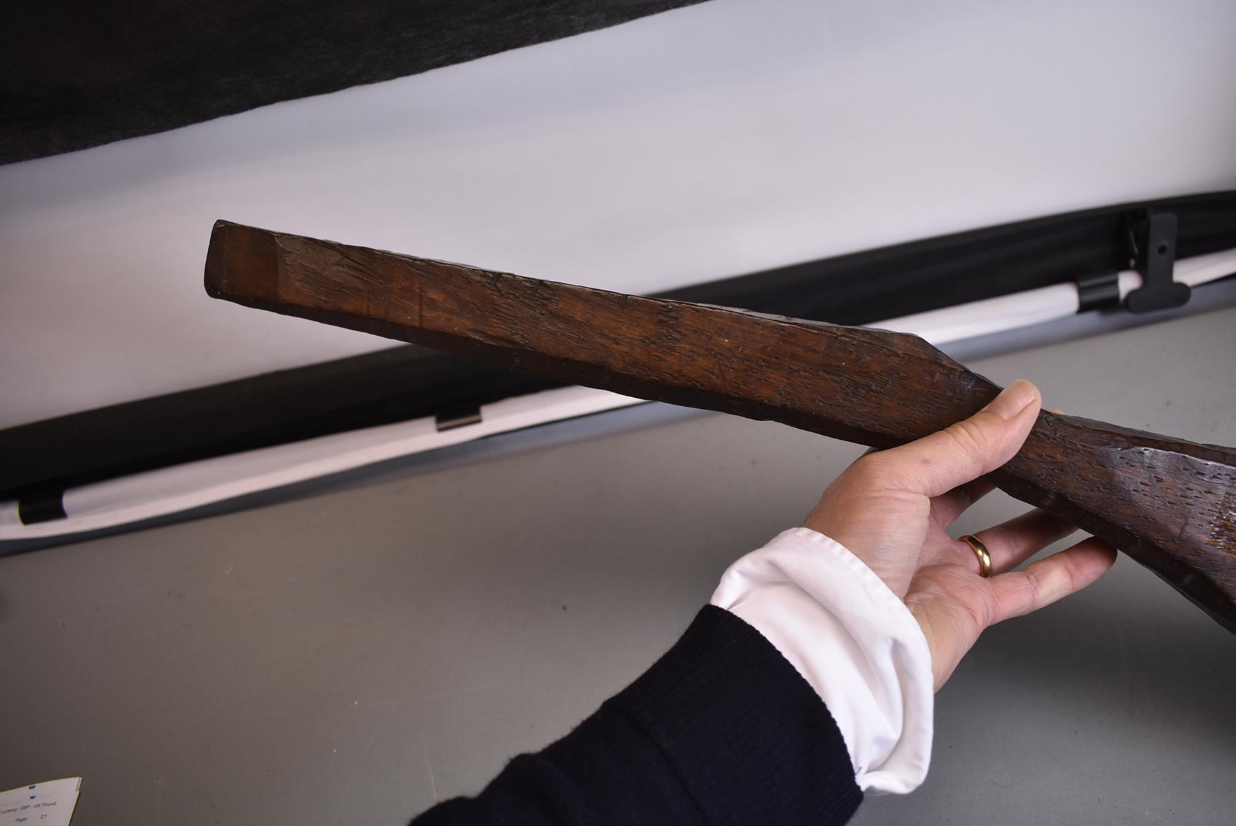A 19TH CENTURY ROUGH HEWN GUN STOCK, of burr maple. - Image 8 of 10