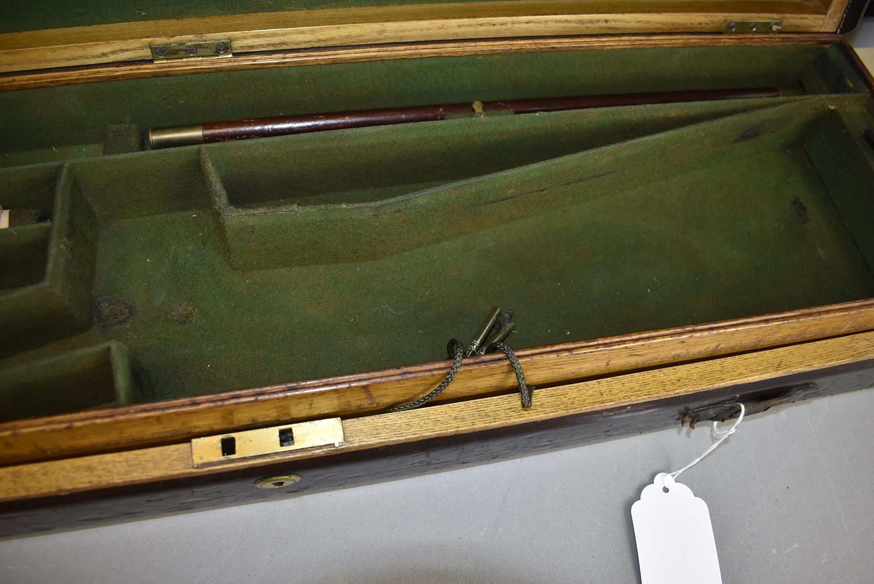 A LEATHER COVERED OAK GUN CASE, the green baize lined interior for a gun with 30inch barrels, - Image 5 of 8