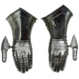 A PAIR OF ITALIAN GAUNTLETS IN THE 17TH CENTURY STYLE, turned and roped cuffs with narrow gullies