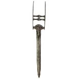 A LATE 17TH OR EARLY 18TH CENTURY INDIAN KATAR OR DAGGER, 31cm double fullered blade engraved with a