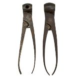 TWO SCISSORS BALL MOULDS, one of 13-bore, the other of 17-bore. (2)