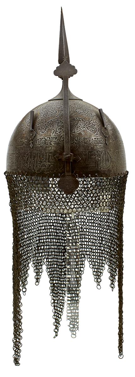 A 19TH CENTURY INDO-PERSIAN KULAH KHUD OR HELMET, the iron bowl etched overall with flowering