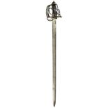 AN 18TH CENTURY DRAGOON OFFICER'S BASKET HILTED BROADSWORD, 81.5cm triple fullered blade,