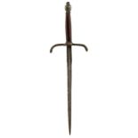 A 17TH CENTURY LEFT HAND DAGGER, 23.5cm diamond section double fullered blade, iron hilt with down-