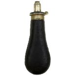 A BARTRAM PEAR SHAPED RIFLE POWDER FLASK, the black leather covered body with white metal top