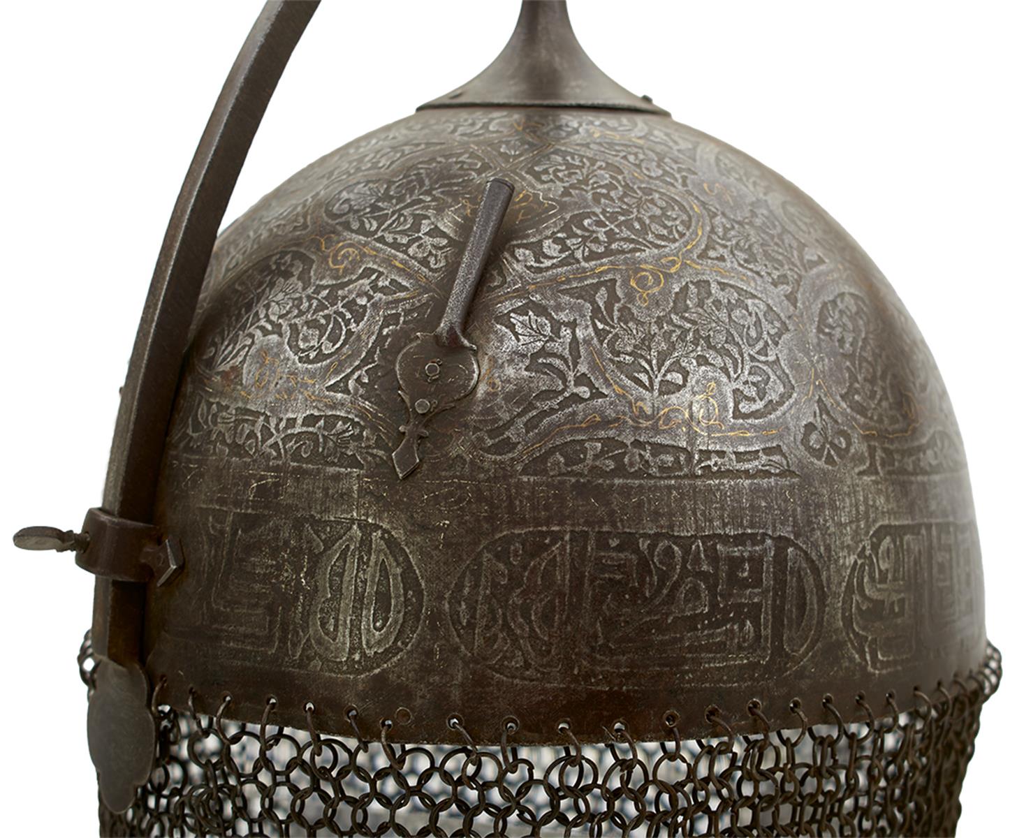 A 19TH CENTURY INDO-PERSIAN KULAH KHUD OR HELMET, the iron bowl etched overall with flowering - Image 3 of 13