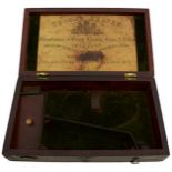 A MAHOGANY PISTOL CASE FOR A SMALL REVOLVER, the green baize lined interior with single lidded