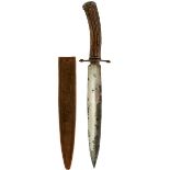 A GOOD MID-19TH CENTURY INDIAN SHIKARI'S HUNTING KNIVE BY AUSTIN OF TRICHINOPOLY, 25cm broad