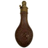 AN EMBOSSED COPPER WILD HORSES POWDER FLASK, decorated with acanthus scrolls to the reverse, the
