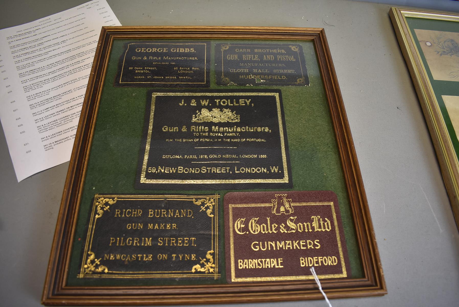 A FRAMED GROUP OF LEATHER TRADE LABELS, the gilt embossed trade labels for Gibbs, Carr Brothers, - Image 2 of 7
