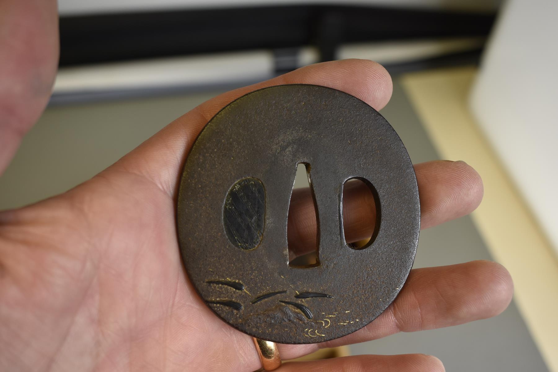 THREE CIRCULAR IRON TSUBA, the first chiselled with a landscape, soft metal details, the second with - Bild 4 aus 8