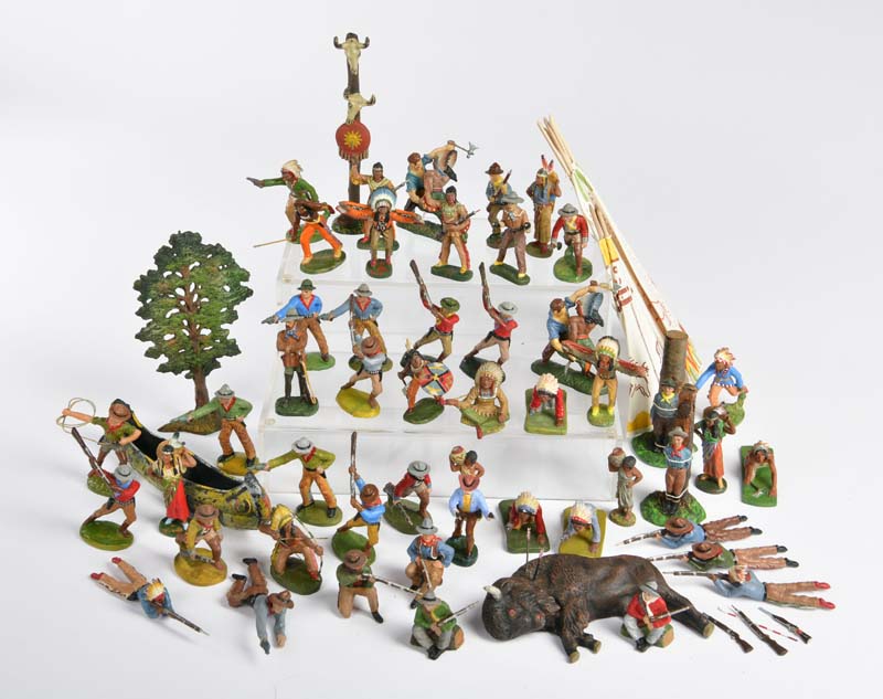 Tipple Topple, Elastolin a.o., 52 Wild West figures, teepees + decoration, Austria a.o., 7,5 cm