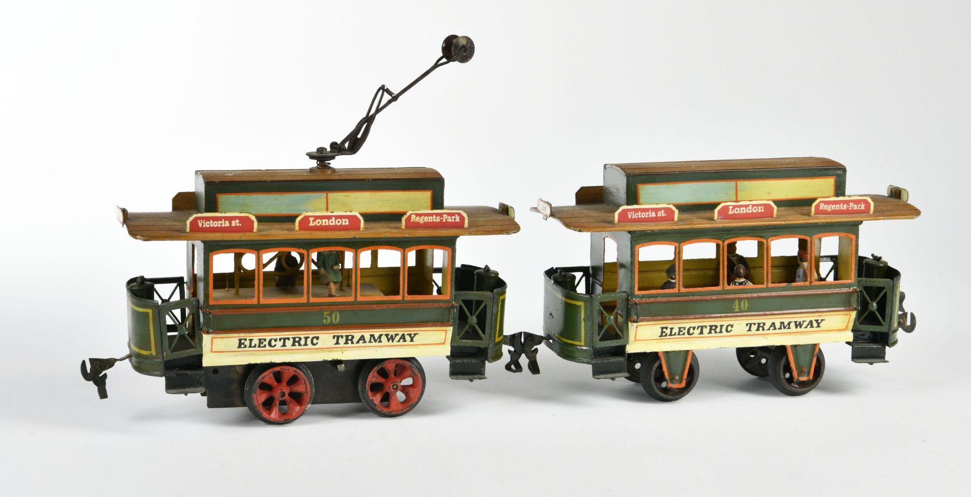 Märklin, tram with trailer around 1905, Germany pw, gauge 2, tin, cw ok, min. paint d., very nice