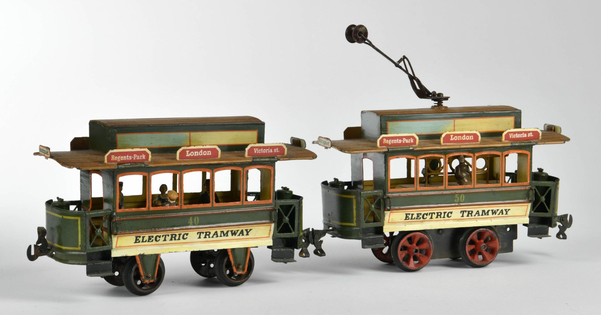 Märklin, tram with trailer around 1905, Germany pw, gauge 2, tin, cw ok, min. paint d., very nice - Image 3 of 5