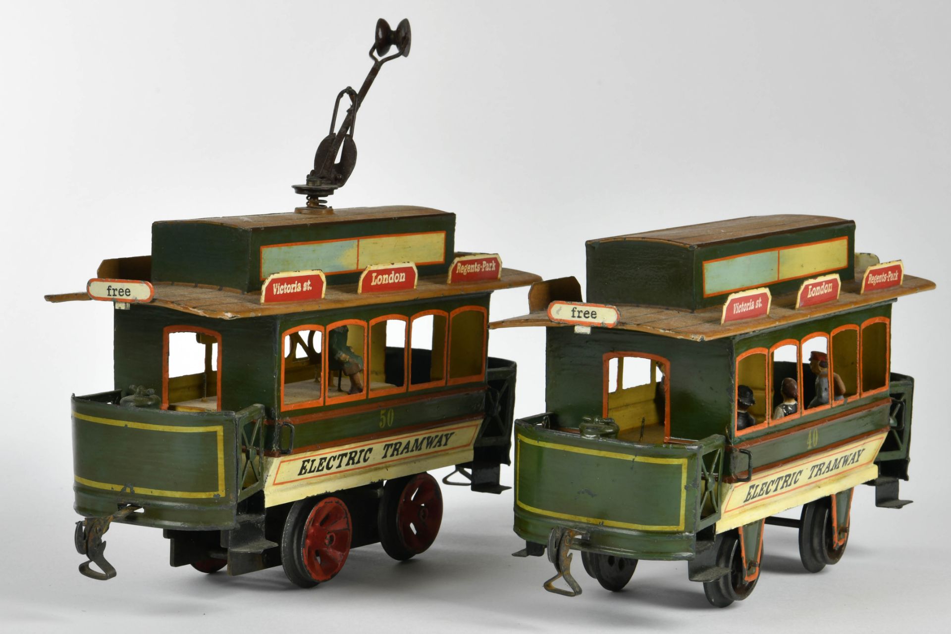 Märklin, tram with trailer around 1905, Germany pw, gauge 2, tin, cw ok, min. paint d., very nice - Image 2 of 5