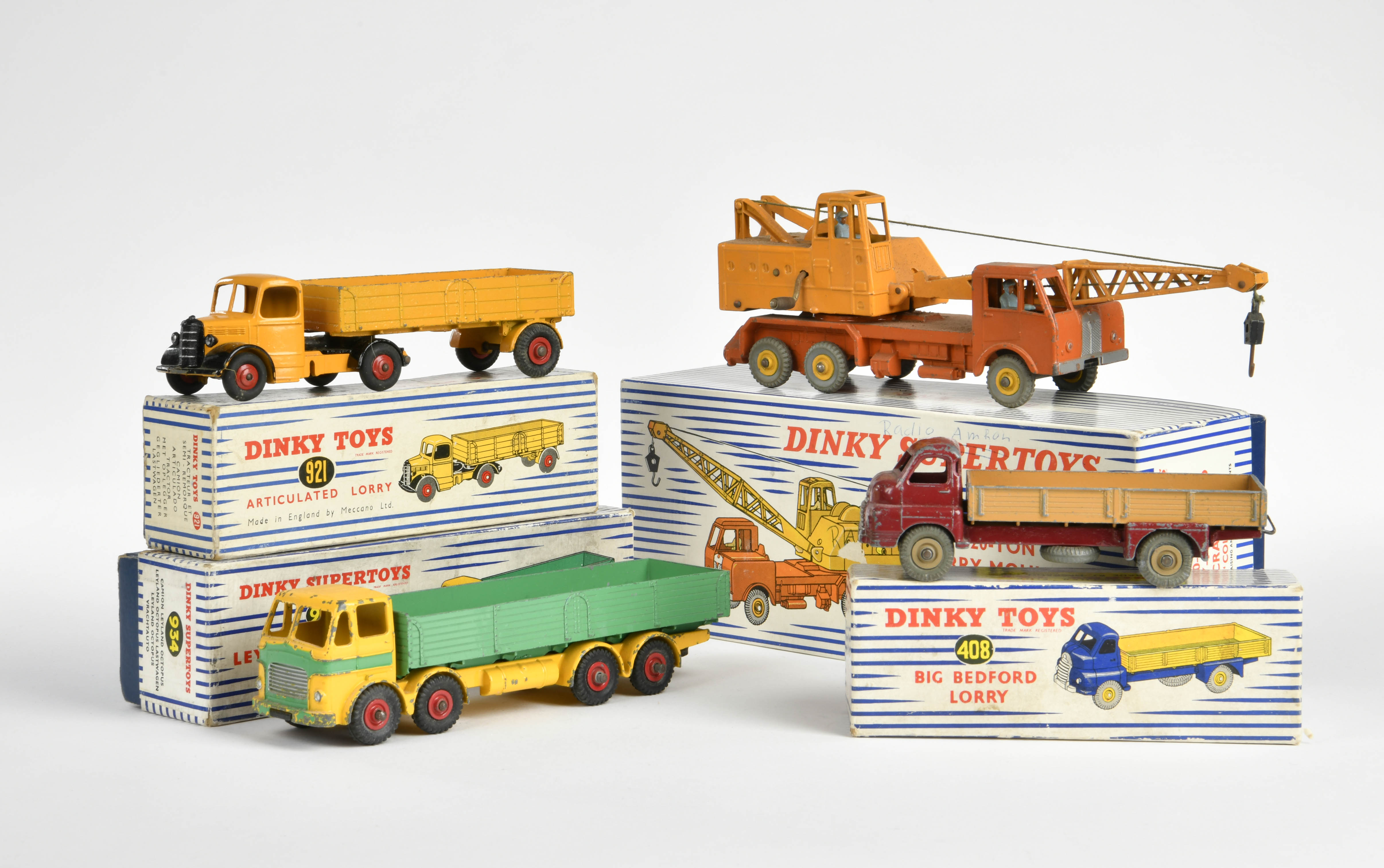 Dinky Supertoys, 20 Ton Lorry Mounted Crane, Leyland Octopus Wagon + 2x Lorry, France + England, 1: