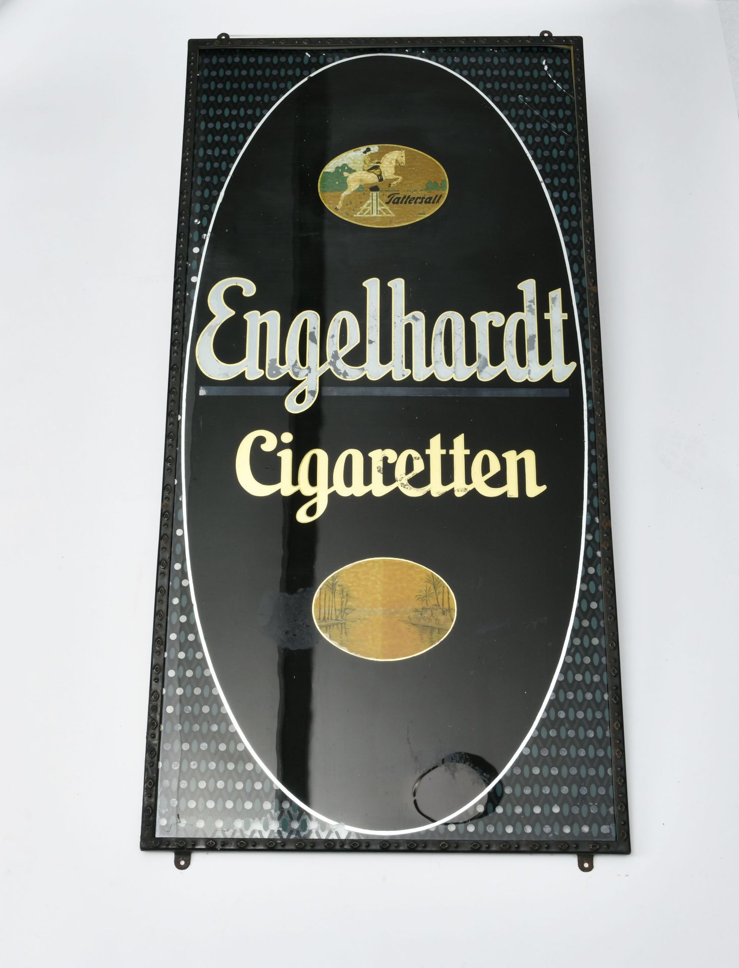 Glass sign "Engelhardt Zigaretten", Germany pw, 120x60 cm, around 1910, frame out of tin, min.