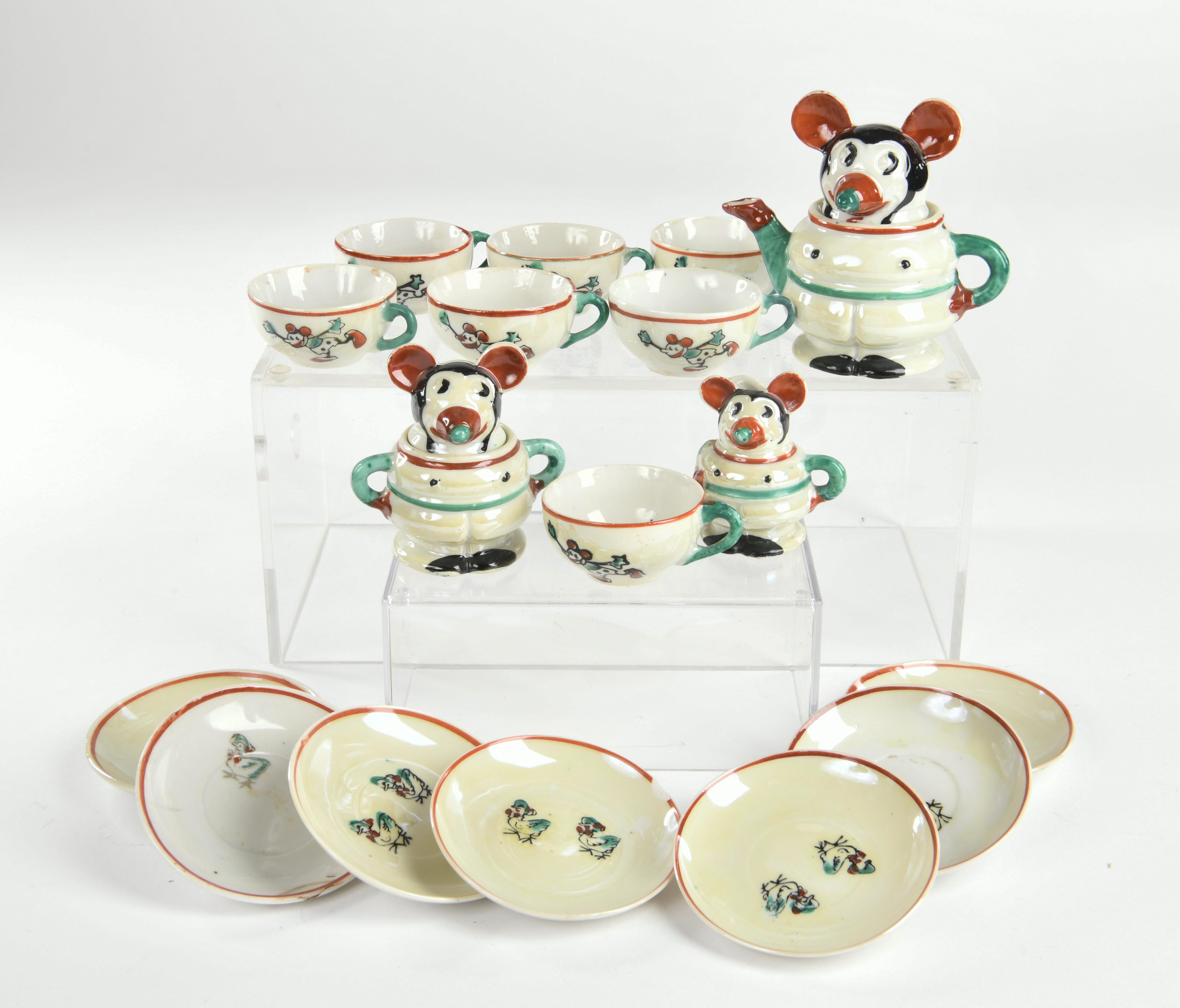 Mickey Mouse tableware, pot 10 cm, 7 cups, saucers, 2 jugs + 1 sugar bowl, traces of use and age