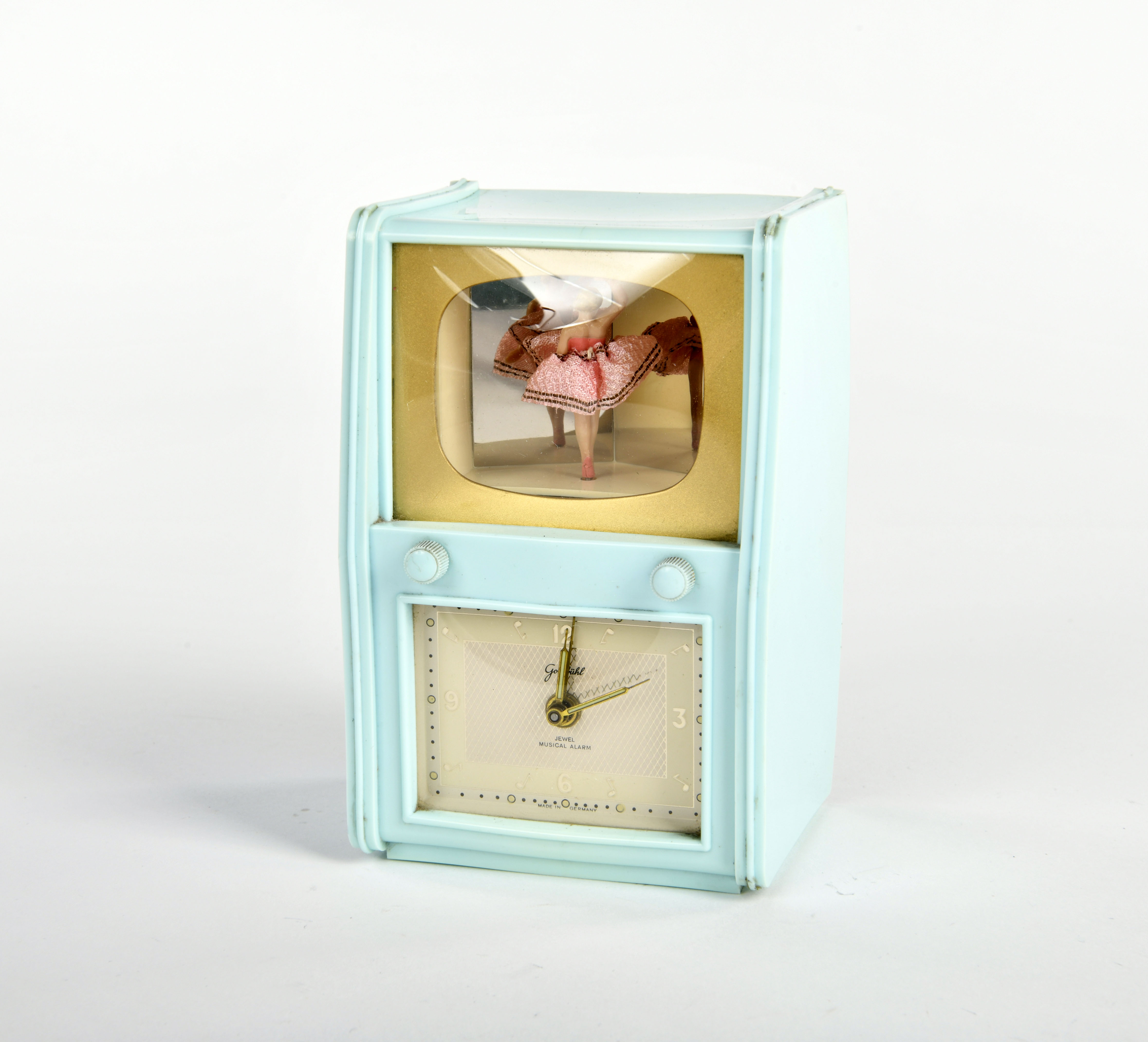 Alarm clock with music box, W.-Germany, 13 cm, plastic, function ok, Fichter KG, min traces of age