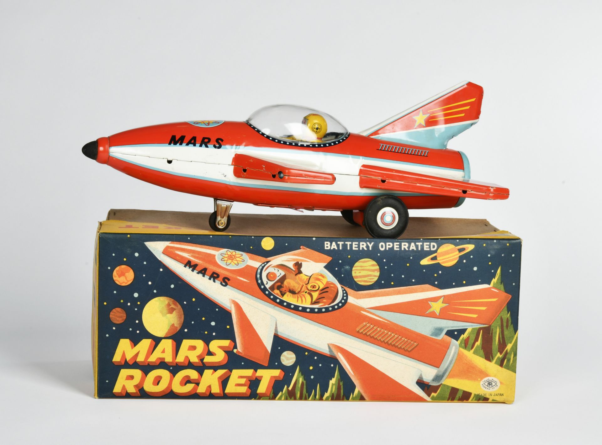 Masudaya, Mars Rocket, Japan, 36 cm, tin, bat. drive ok, box C 1, C 1